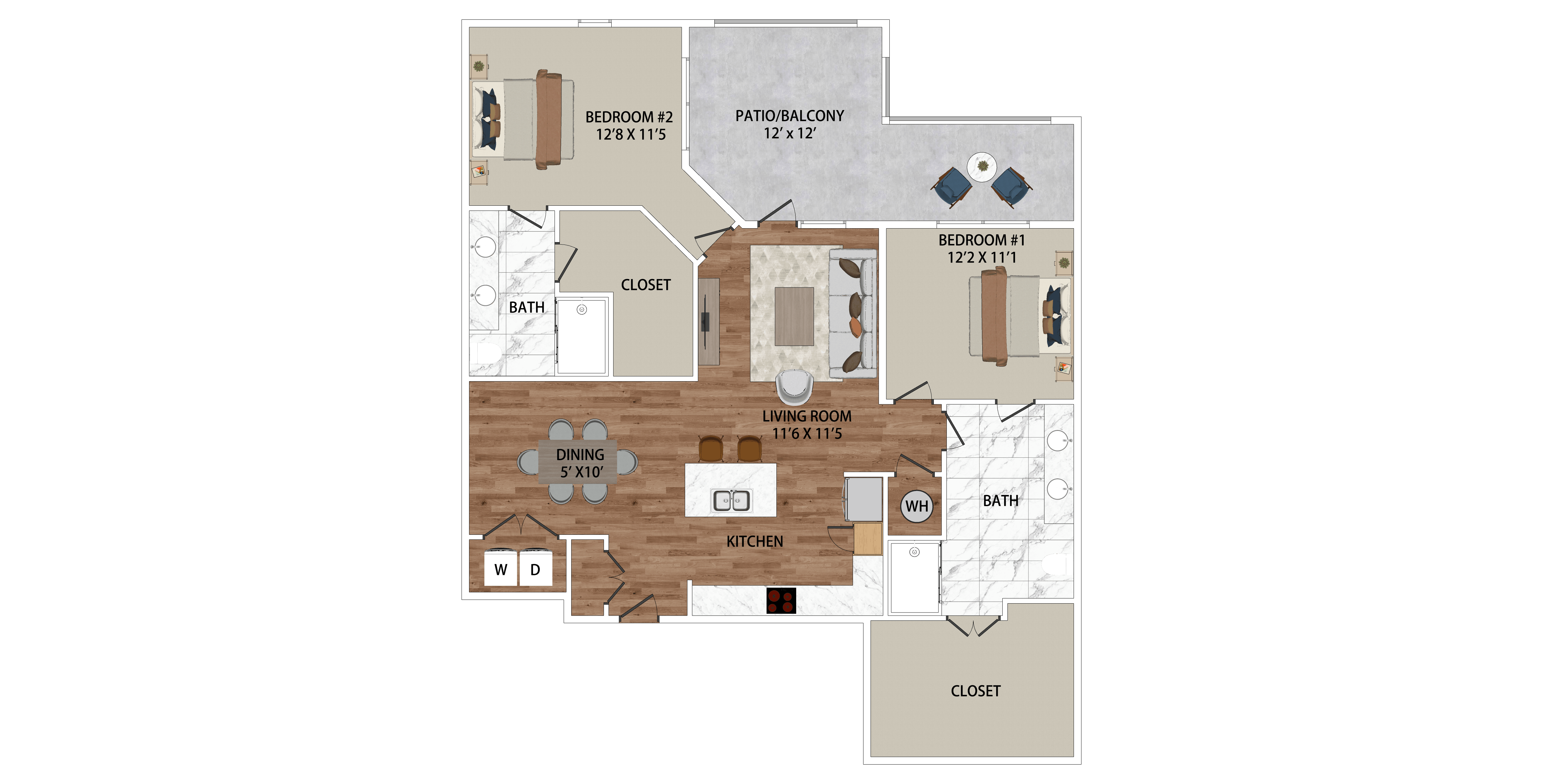 Floor plan for 2 beds, 2 baths, 1368 sqft